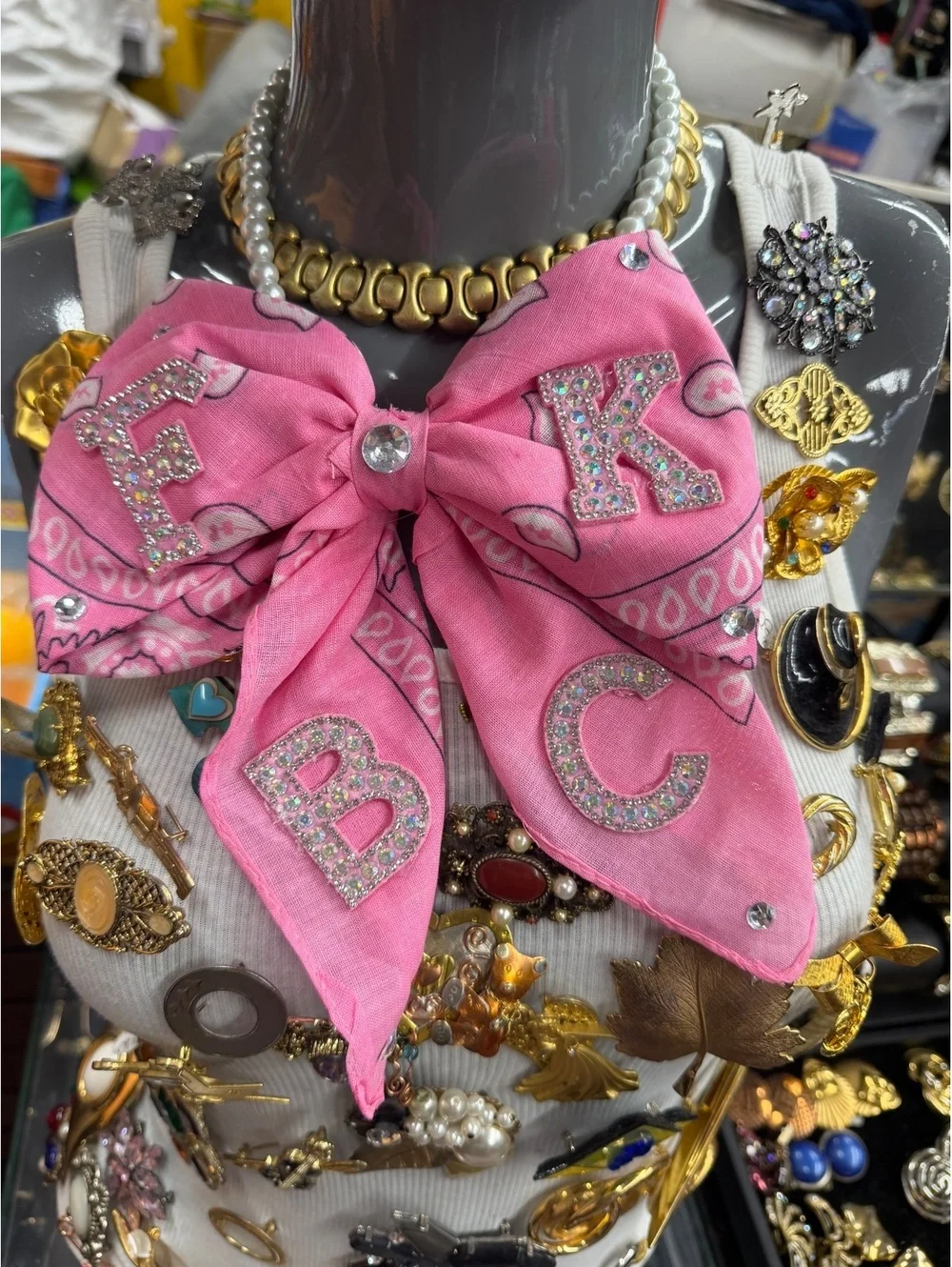 Breast Cancer Awareness Pink Bow Tie Necklace FKBC Rhinestone Statement Piece